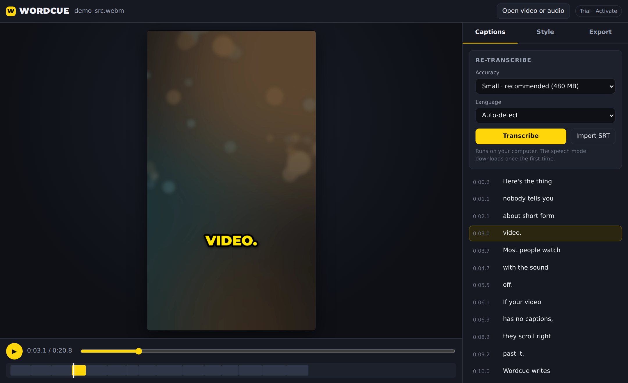 Wordcue app with the caption list and a live preview