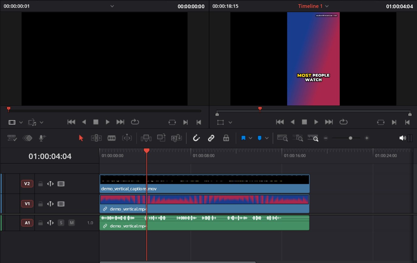 Free DaVinci Resolve 20 timeline with the Wordcue caption layer on V2 above the clip on V1